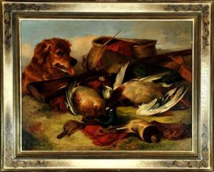 Jagdstillleben Mit Jagdhund Und Erlegten Wildenten by Theude Groenland