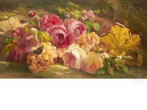 Roses And Grapes Against A Grassy Bank by Theude Groenland