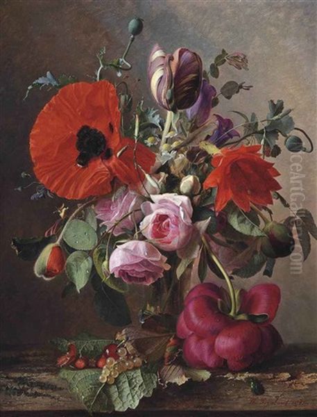 Poppies, Tulips And Roses In A Vase By Strawberries And Grapes On A Wooden Shelf - view 1
