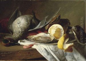 Still Life Of A Duck, A Shrimp And A Plate Of Oysters by Theude Groenland