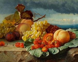 Still Life With Peaches, Strawberries And Grapes In A Landscape by Theude Groenland