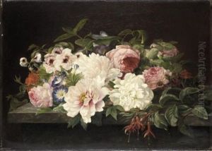 Still Life Of Flowers On A Marble Ledge by Theude Groenland