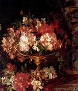 Rhododendrons And Apple Blossom In An Ornamental Table Centre On A Draped Sideboard