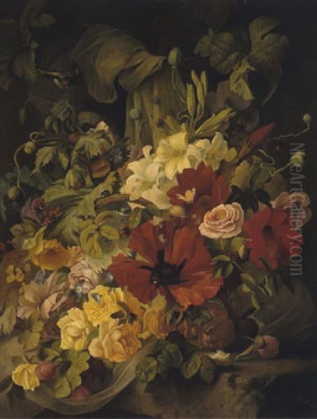 Ein Blumenstraus Mit Rosen, Lilien, Mohnbluten, Einem Steiglitz Und Schmetterlingen In Einem Korb - view 1