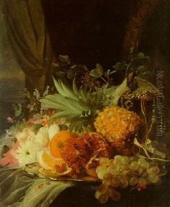 A Pineapple, An Orange, Grapes And A Pommegranite With Flowers On A Draped Ledge