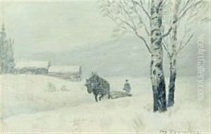 Winterscenery With Horse And Coachman Pulling Trunks Home From The Woods by Oscar Gronmyraz