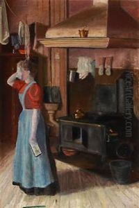 Kitchen Interior With A Woman by Oscar Gronmyraz
