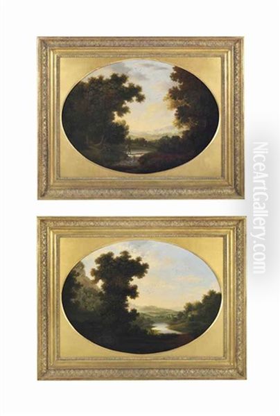 An Extensive River Landscape With Travelers On A Path And An Extensive River Landscape, With Travelers On A Bridge (pair) - view 1