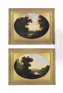 An Extensive River Landscape With Travelers On A Path And An Extensive River Landscape, With Travelers On A Bridge (pair) by William Groombridge