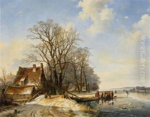 Winterlandschaft Mit Schlittschuhlaufern Auf Dem Eis by Frans Arnold Breuhaus de Groot