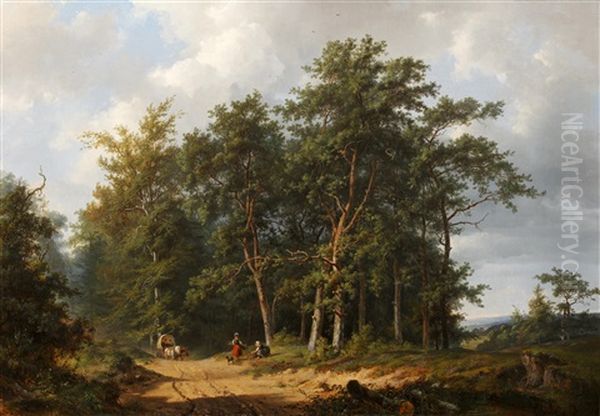 Horse And Cart With Figures On A Track Gathering Firewood In A Wooded Landscape - view 1