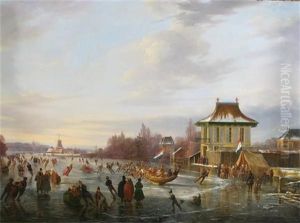 Extensive Winter Landscape With Numerous Figures On A Frozen Lake By A Pavillion