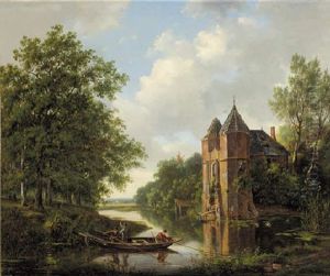 A River Landscape With Anglers In A Rowing Boat By A Ruined Mansion
