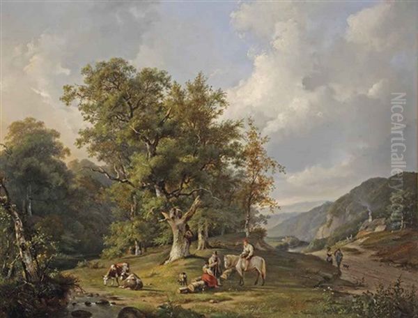 A Wooded Landscape With Figures Resting Near A Stream - view 1