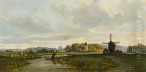 Weite Hollandische Landschaft, Im Hintergrund Eine Stadtsilhouette (den Haag?) by Frans Breuhaus de Groot