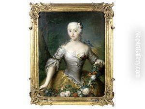 Portrait Of A Lady, Half-length, In A White And Gold Dress, Holding A Garland Of Flowers