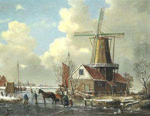 Figures On A Frozen River, A Pair Each 27.5 X 35.5cm (10 5/8 X 13 9/16in).(2)