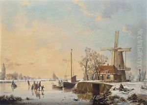 A Winter Landscape With Figures Ice Skating By A Bridge And Windmill (+ A Winter Landscape With Figures Ice Skating And A Horse And Cart; 2 Works) by A. de Groote