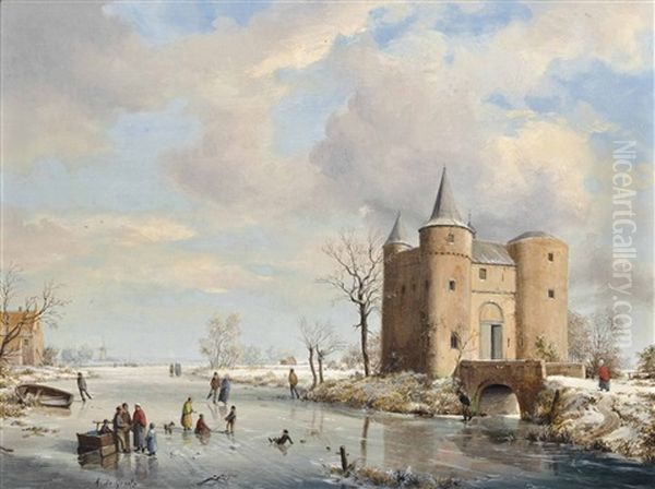 A Winter Landscape With Figures Ice Skating By A Castle; A Winter Landscape With Figures Ice Skating By A Mill (+ A Winter Landscape With Figures Ice Skating By A Small Village; 2 Works) - view 1