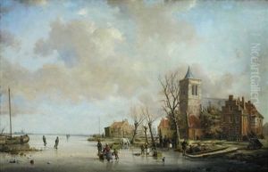 Villagers Carting Firewood On A Frozen River, A Church Beyond by A. de Groote