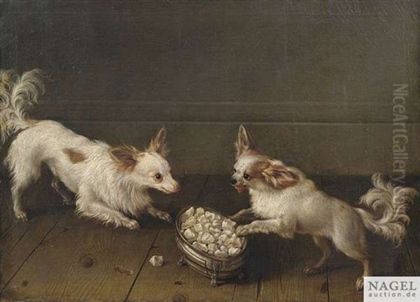 Zwei Zwergspaniel An Einer Silbernen Zuckerschale - view 1