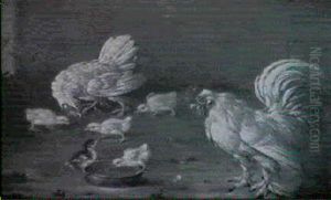 Hahn, Huhner Und Kuken Am Wassernapf Vor Einer Mauer by Johann Friedrich Grooth
