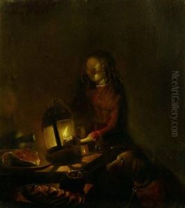 Junge Frau Mit Hund Beim Kerzenlicht by Jan Hendrik van Grootvelt