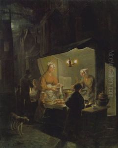 Het Oliebollenkraam Bij Avond by Jan Hendrik van Grootvelt