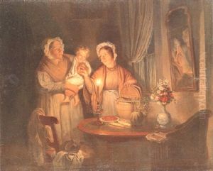 Family Group In An Interior By Candlelight by Jan Hendrik van Grootvelt