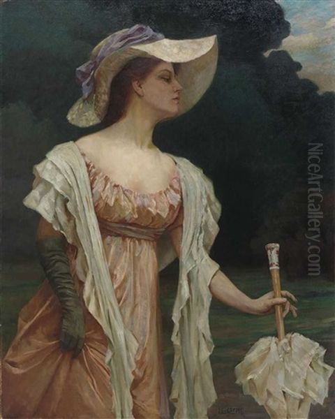 Elegante Dame Mit Schirm In Parklandschaft - view 1