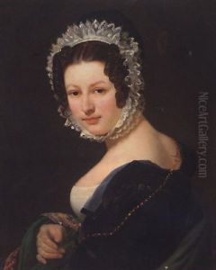 Portrait Of A Young Lady Wearing A Black Dress, With A Green Mantle, And A Lace Bonnet by Baron Jean-Baptiste Gros