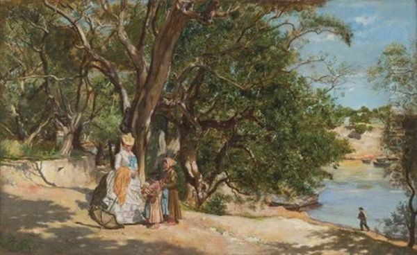 Paseante Y Vendedoras Junto Al Lago - view 1