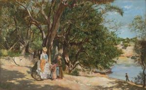 Paseante Y Vendedoras Junto Al Lago by Lucien Alphonse Gros