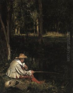 A Fisherman At A Forest Stream by Lucien Alphonse Gros
