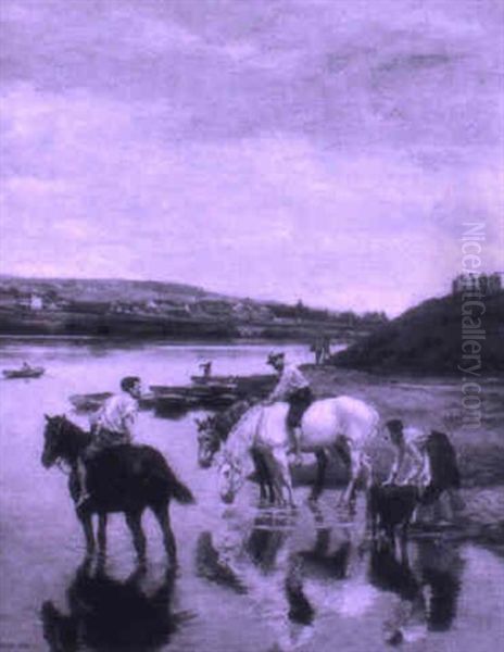 Chevaux Et Cavaliers A La Riviere - view 1