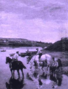 Chevaux Et Cavaliers A La Riviere by Lucien Alphonse Gros