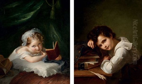Portrait De Jeune Garcon Accoude A Ses Livres (+ Portrait De Jeune Fille Tenant Un Livre; Pair) - view 1
