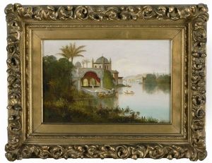 Orientalist View Of An Indian Palace Beside A River With Shipping And Distant Hills by Daniel Charles Grose