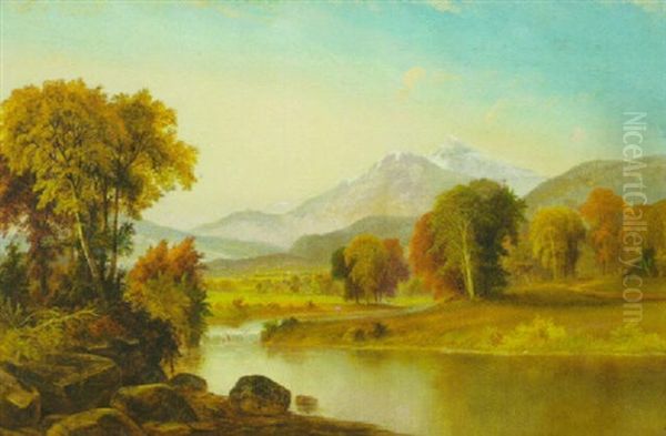 Stream And Waterfall In Autumn Landscape, Snow-capped Mountains (the Rockies?) And A Village In The Distance - view 1