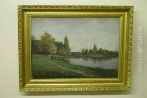 Landscape With Pond And Children Sailing Pond Boat by Peter Alfred Gross