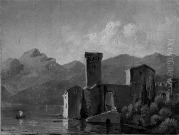 Hauser Und Wohnturm Am See, Im Hintergrund Berge - view 1