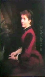 A Portrait Of Miss Hedwig Henschel, Seated Three Quarter Length Wearing A Burgandy Eve-ening Dress And Holding A Fan. by Franz Theodore Grosse