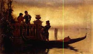 A Gondolier's Serenade At The Lido, With A View Of Venice Beyond by Adelchi De Grossi