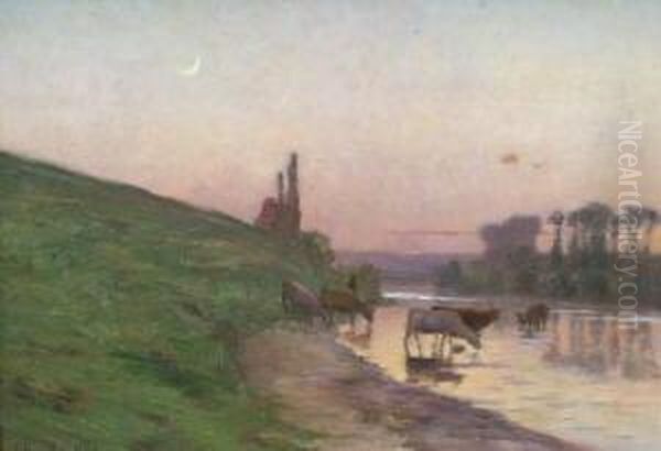 Flusslandschaft Mit Kuhen Und Burgruine Bei Dammerung - view 1