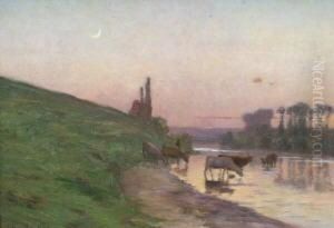 Flusslandschaft Mit Kuhen Und Burgruine Bei Dammerung by Ernest Baillet