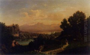 Seelandschaft Mit Figurenstaffage Und Blick Auf Einen Schloss by Ignaz August Grosz