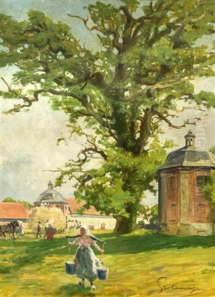 Dorfplatz Vor Einem Grosen Hof Mit Wassertragerin Und Heimkehrern Von Der Ernte - view 1