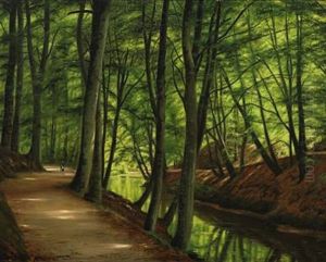 A Beech Forest With A Stream And Walking Persons by Vilhelm Groth