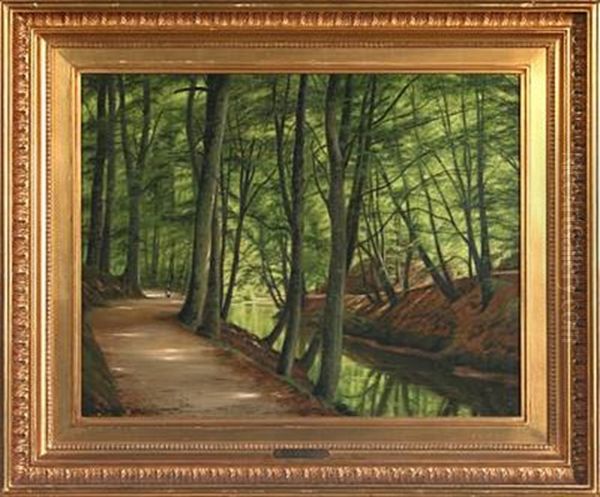 A Beech Forest With A Stream And Walking Persons - view 1