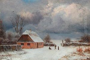 Winter Day With Children Playing In Front Of A Farmhouse